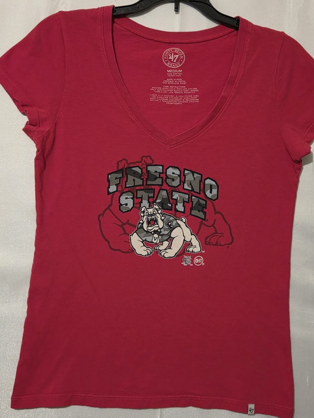 47 Women's Fresno State Red V-Neck Tee with Mascot Graphic. M